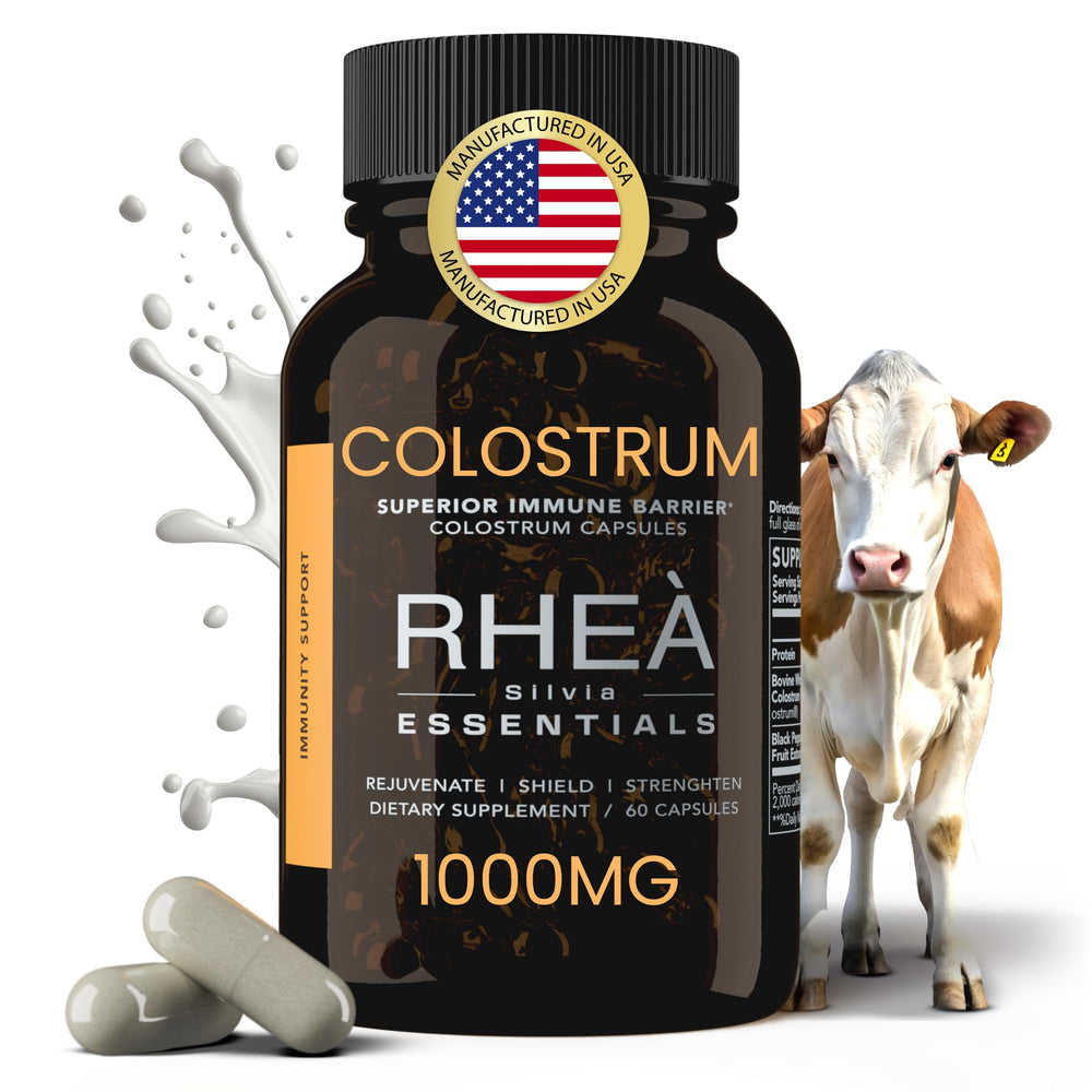 RHEASILVIA bottle of Rhea Bovine Colostrum for daily immune support.