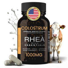 RHEASILVIA bottle of Rhea Bovine Colostrum for daily immune support.