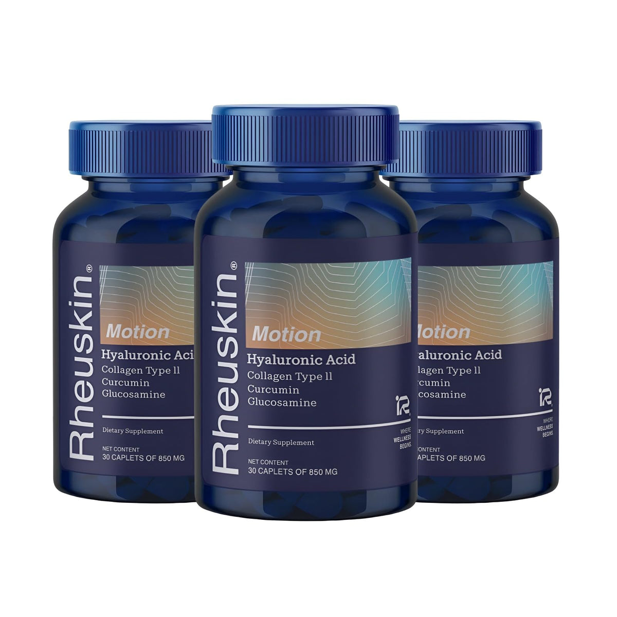 Rheuskin Motion 3 Pack bottle caplets for joint comfort and daily flexibility.