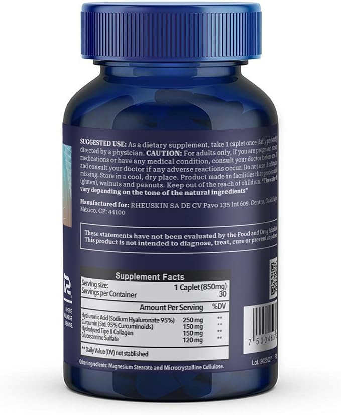 Rheuskin Motion 3 Pack label close-up highlighting 850 mg caplets and 4-in-1 blend.