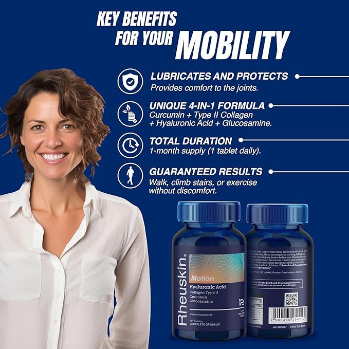 Rheuskin Motion 3 Pack tablet close-up showing the 4-in-1 formula for mobility.