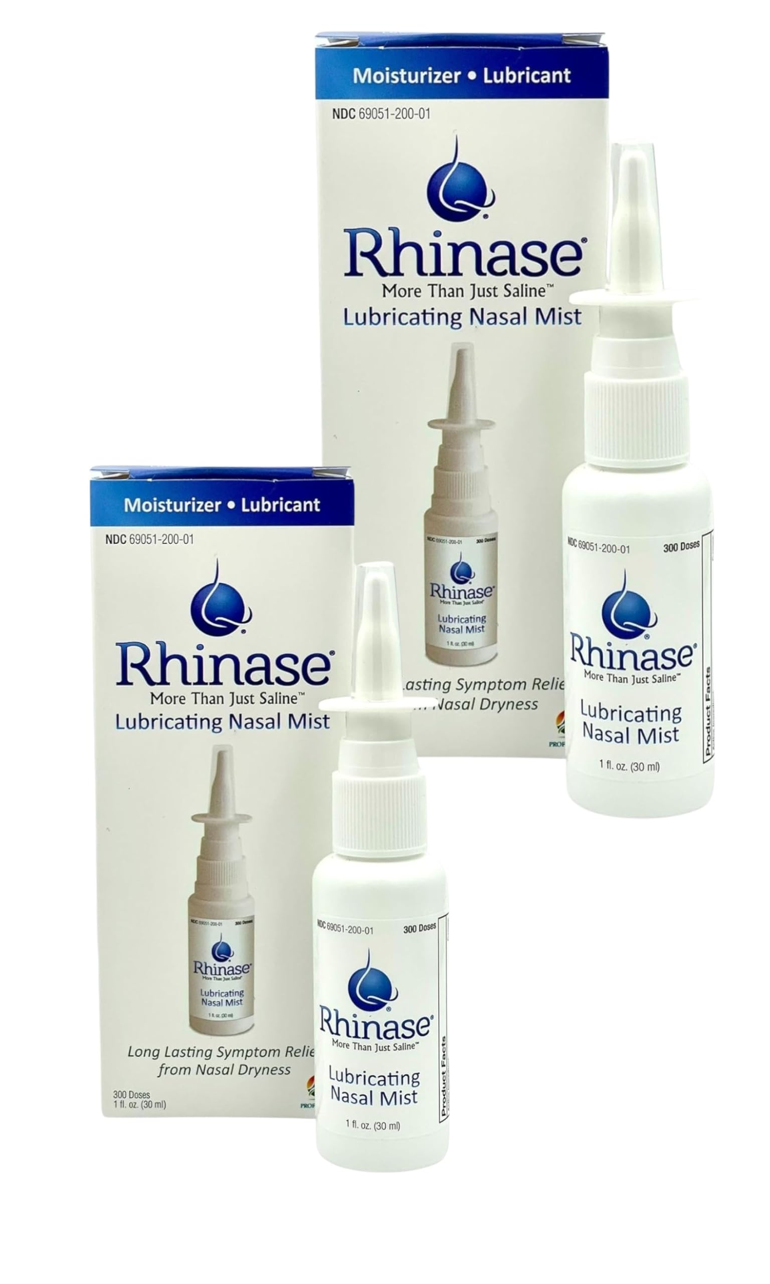 Rhinase nasal mist Duo Pack bottle 1oz Aloe-free and fragrance-free hydration.