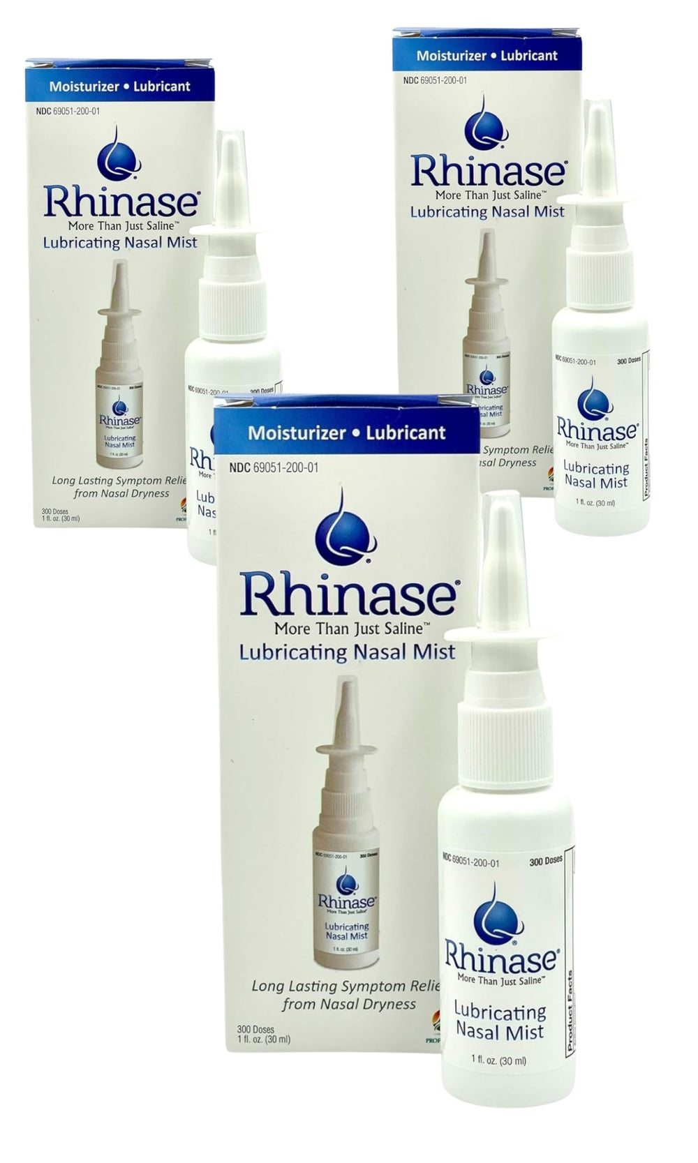 Rhinase nasal spray 1oz pack ready-to-use for daily nasal moisture.