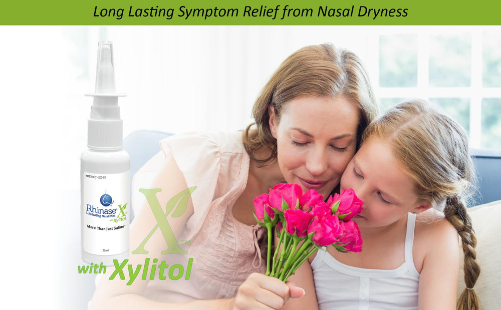 Rhinase nasal spray 30ml mist close-up, delivers gentle moisture to nasal lining