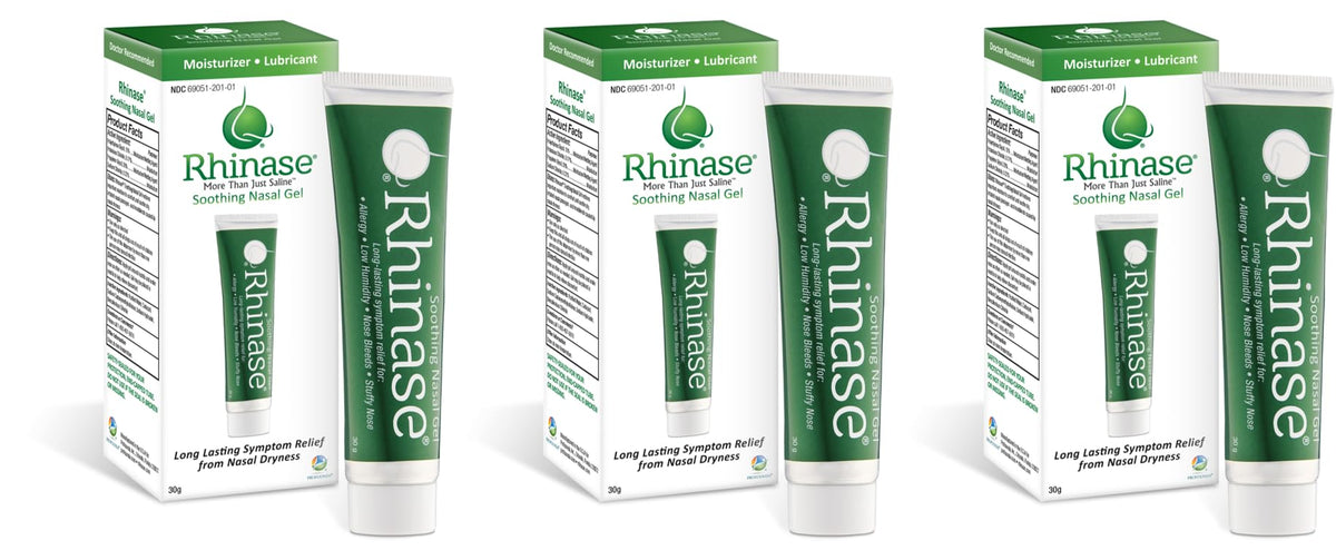 Rhinase saline nasal gel 3-pack bottles showing packaging for easy daily use