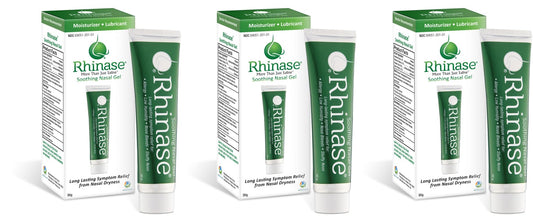 Rhinase saline nasal gel 3-pack bottles showing packaging for easy daily use