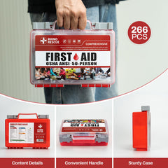 RHINO RESCUE 266-piece first aid kit burn gel and pads for quick wound care.