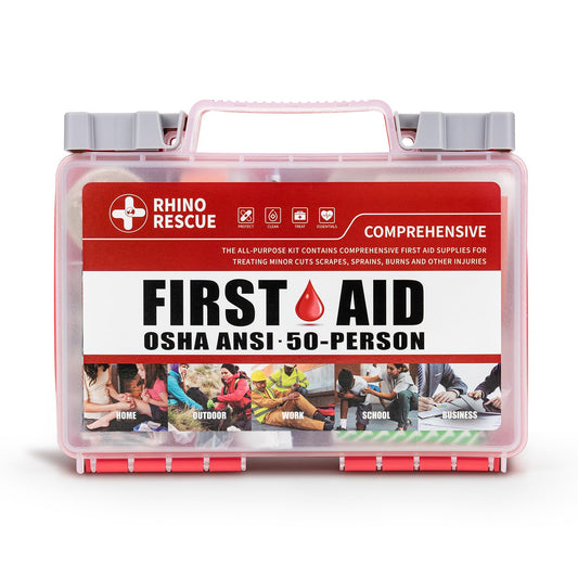 RHINO RESCUE 266-piece first aid kit contents neatly organized for quick access.
