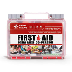 RHINO RESCUE 266-piece first aid kit contents neatly organized for quick access.