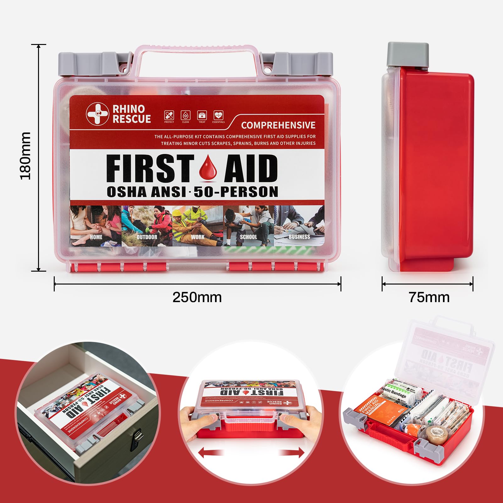 RHINO RESCUE 266-piece first aid kit lid open showing organized compartments for emergencies.