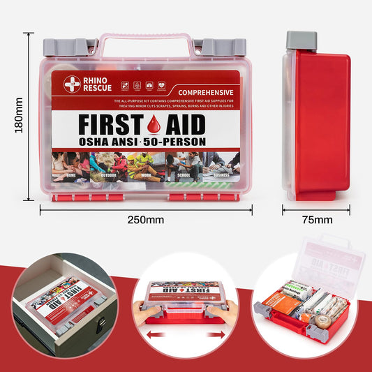 RHINO RESCUE 266-piece first aid kit lid open showing organized compartments for emergencies.