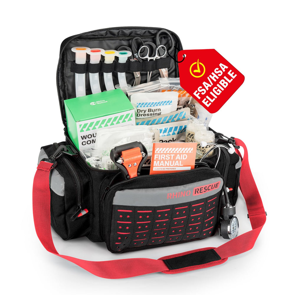Rhino Rescue first responder bag open showing 300+ supplies for rapid response