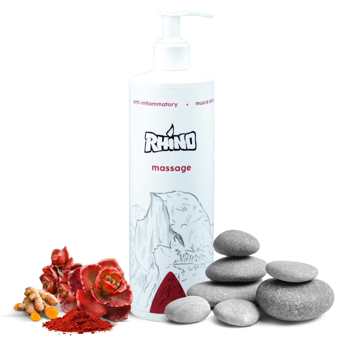 Rhino Skin Solutions Massage bottle pump with warming lotion for muscle and joint recovery after activity