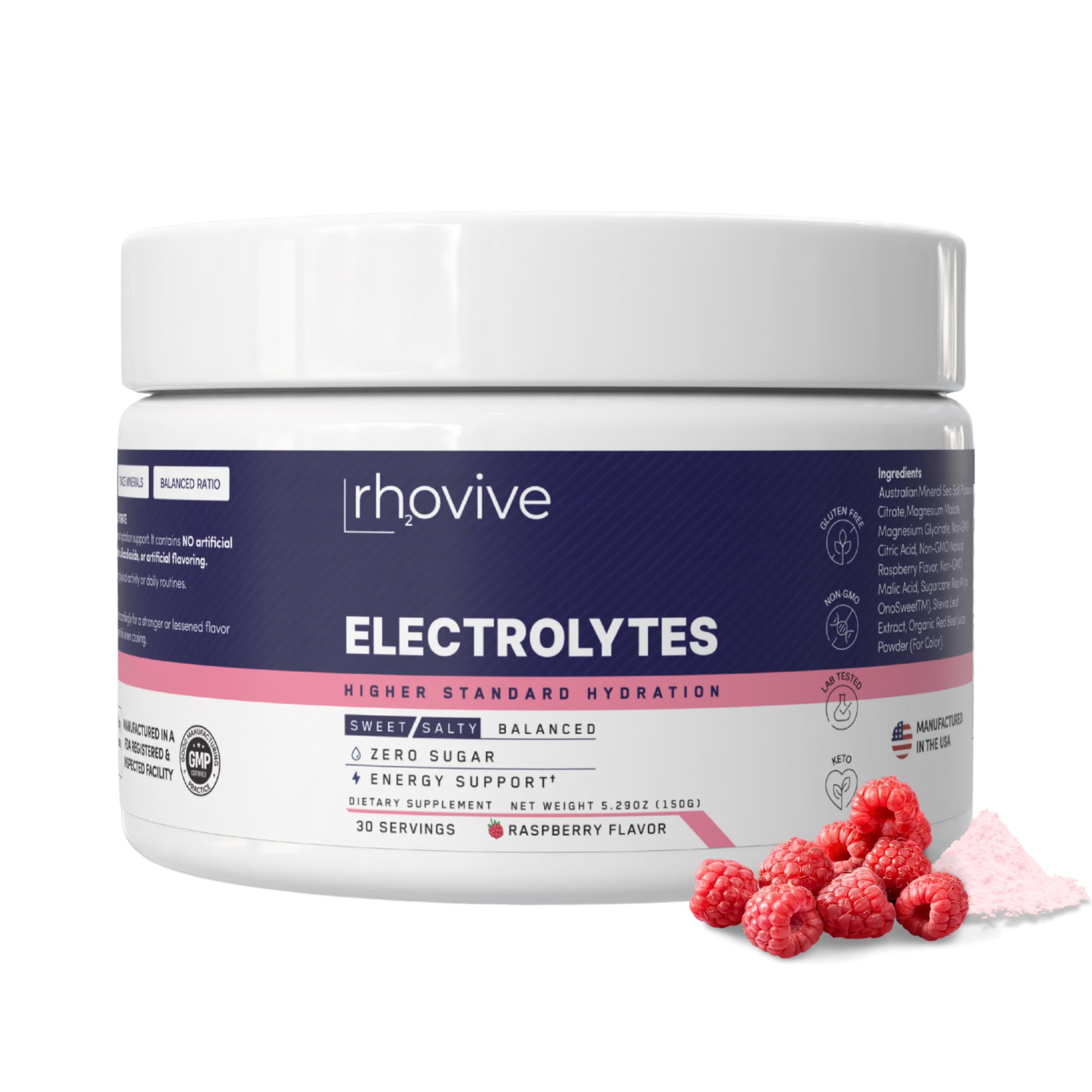 Rhovive electrolyte powder bottle promotes quick, clean hydration on the go.