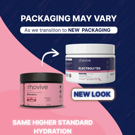 Rhovive electrolyte powder mixing glass shows fast solubility for post-workout recovery.