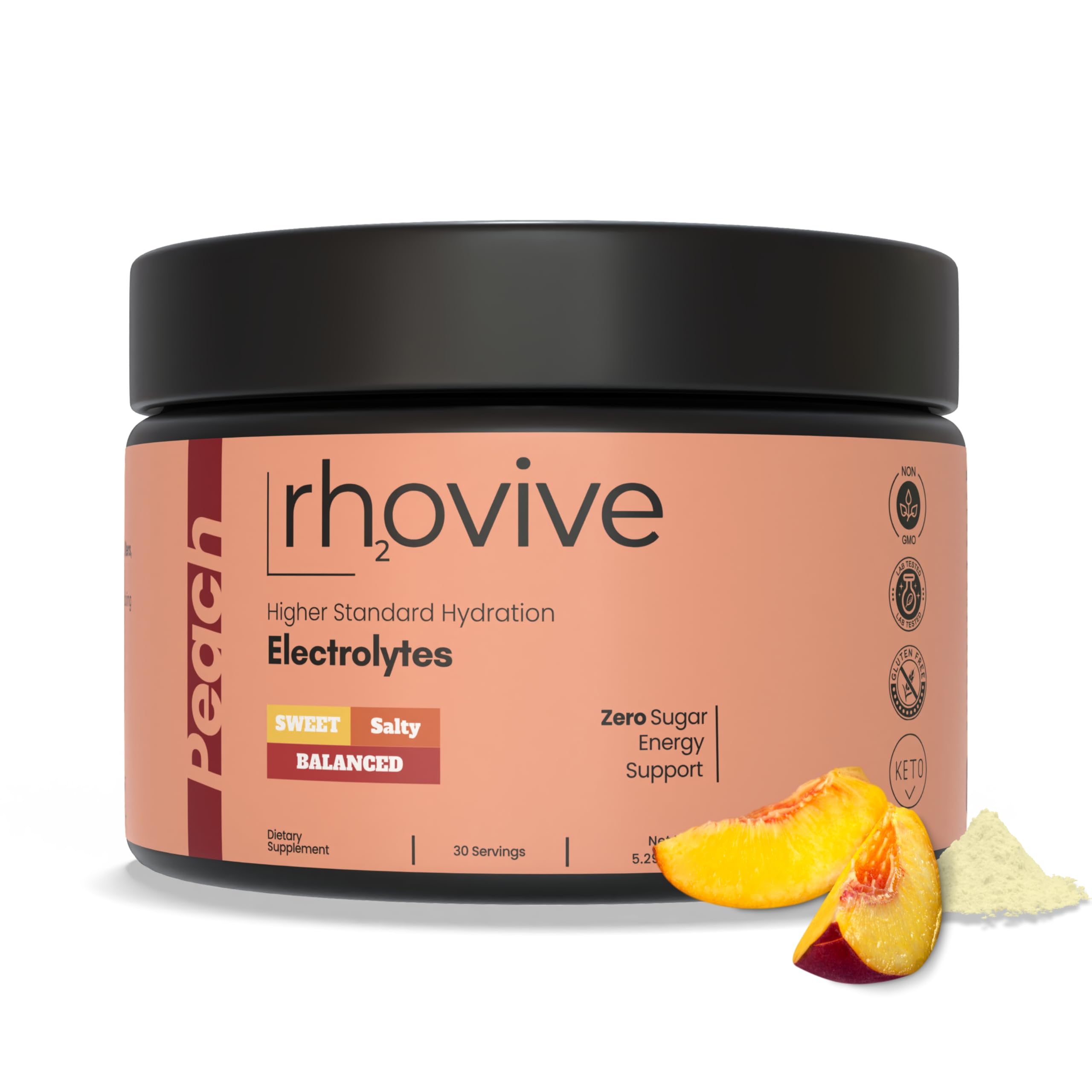 Rhovive Electrolyte Powder peach bottle front view for on the go hydration