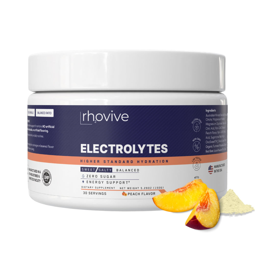 Rhovive electrolyte powder peach label close-up highlighting natural ingredients