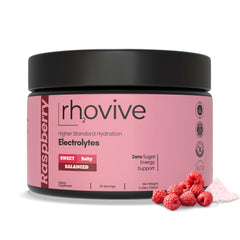 Rhovive raspberry flavor powder close-up highlights sugar-free hydration with natural taste.