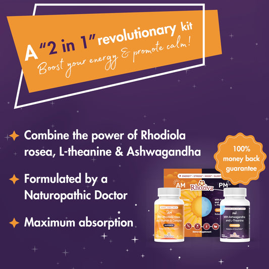 Close-up of Rhoziva AM PM capsules showing day and night support.