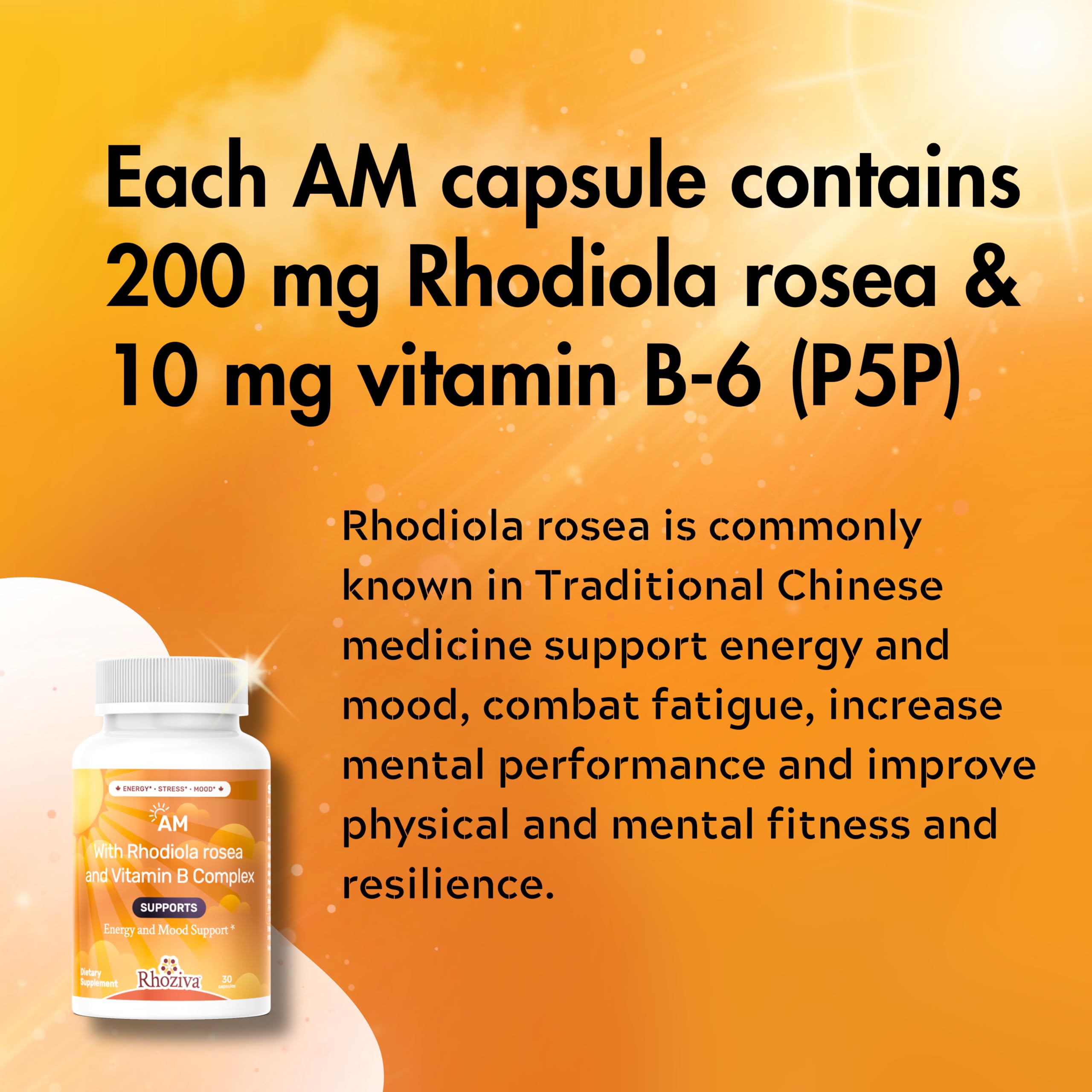 Rhoziva AM PM with Rhodiola Rosea emphasizes daytime vitality for busy schedules.
