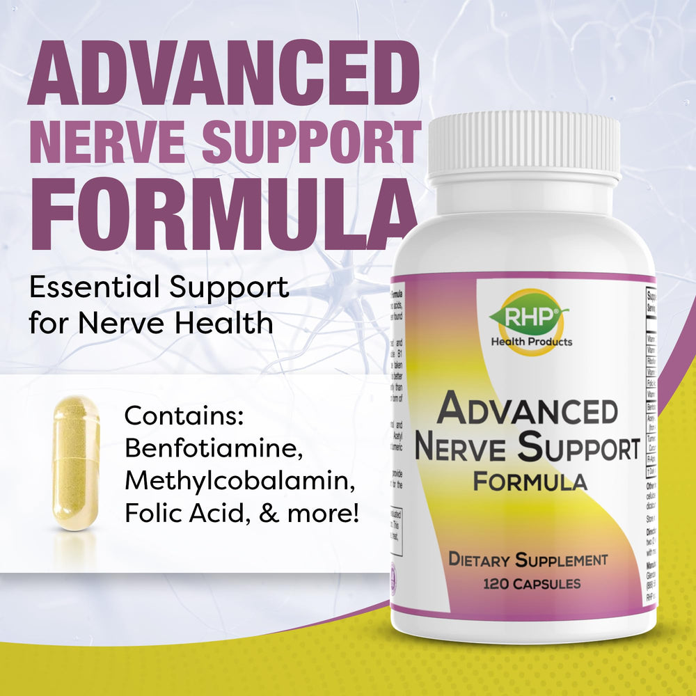 RHP Nerve Support capsules close-up showing easy daily dosing