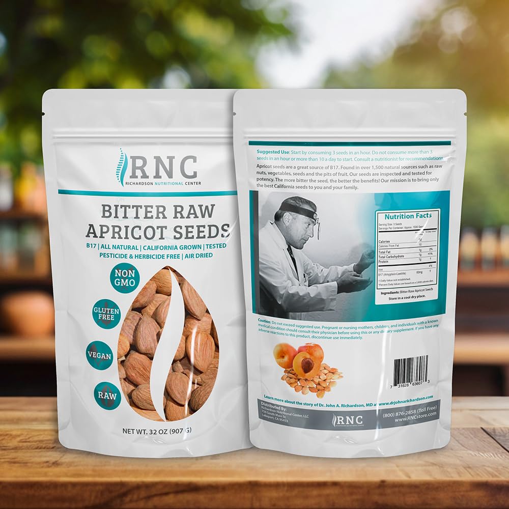California-grown apricot kernels from Richardson Nutritional Center, natural nutrients.