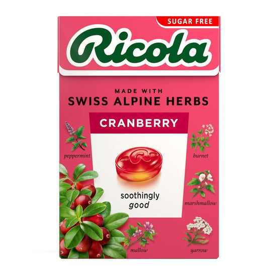 Ricola Cranberry SF Lozenges box front highlighting Swiss herbal drops for on-the-go relief.