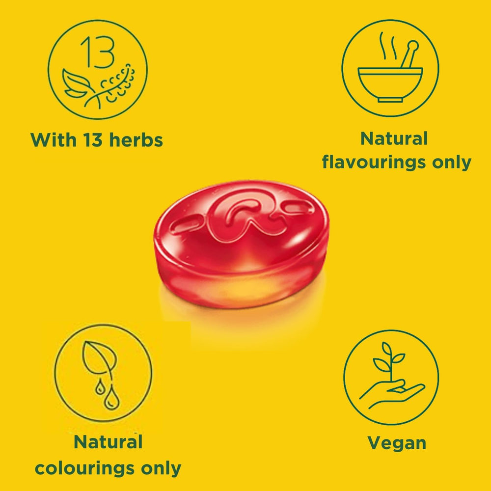 Ricola Cranberry SF Lozenges cranberry juice detail emphasizing natural fruit flavor.