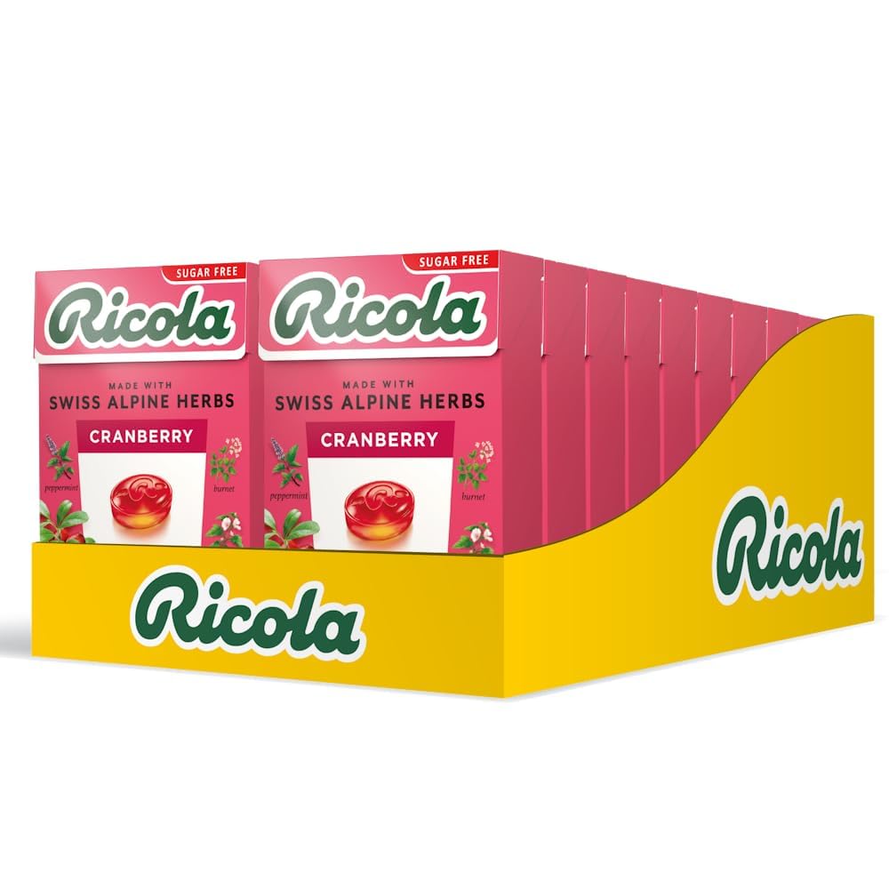 Ricola Cranberry SF Lozenges pack setup showing convenient 20-count box.