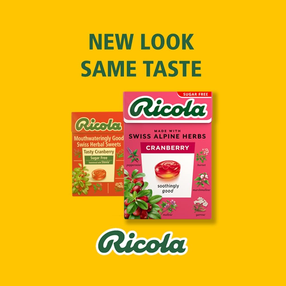 Ricola Cranberry SF Lozenges vegetarian and kosher icons signaling inclusive options.