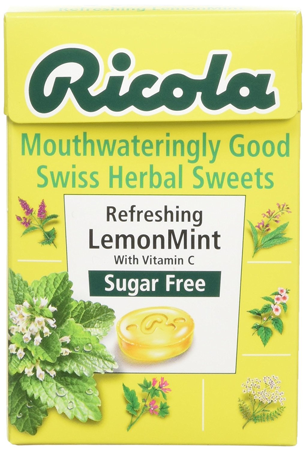 Ricola Lemon Mint Sugar Free Drops pack shot highlighting a sugar-free herbal blend