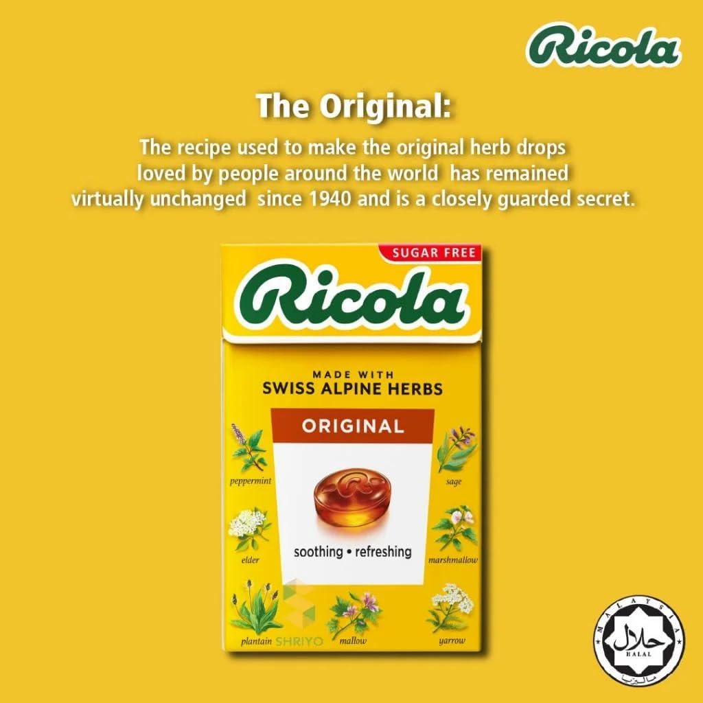 Ricola sugar free herb drops close up show Stevia sweetness and herbal blend.