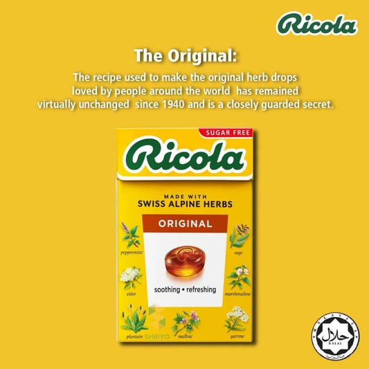Ricola sugar free herb drops close up show Stevia sweetness and herbal blend.