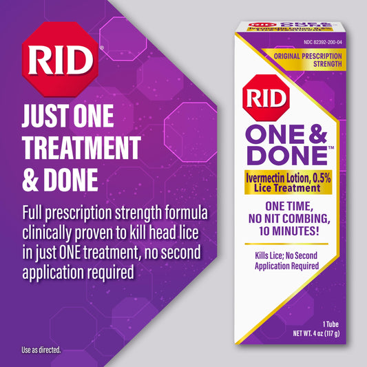 RID One & Done lotion bottle on display for convenient, one-step lice care.