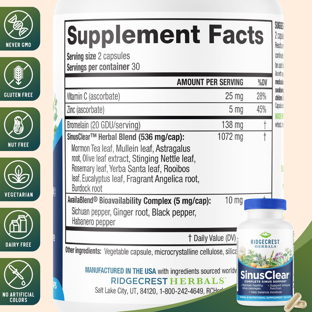 RidgeCrest SinusClear ingredients label shows mullein leaf for nasal comfort.