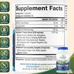 RidgeCrest SinusClear ingredients label shows mullein leaf for nasal comfort.