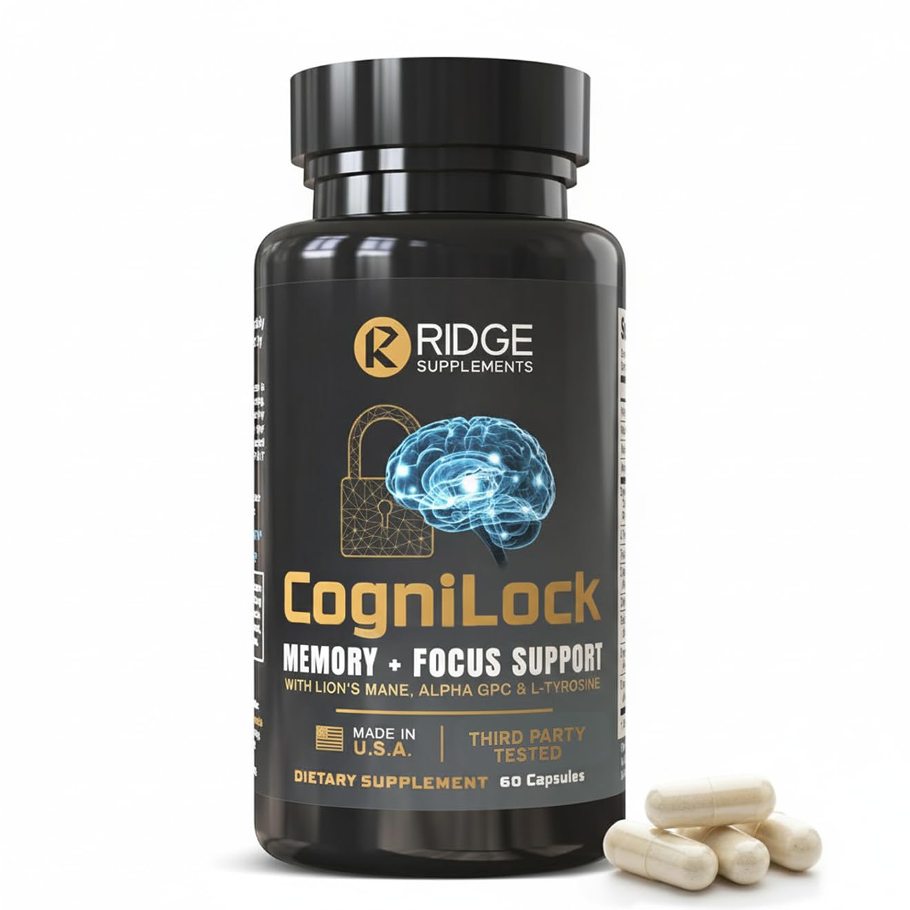 RIDGE SUPPLEMENTS CogniLock bottle front highlighting memory and focus support.
