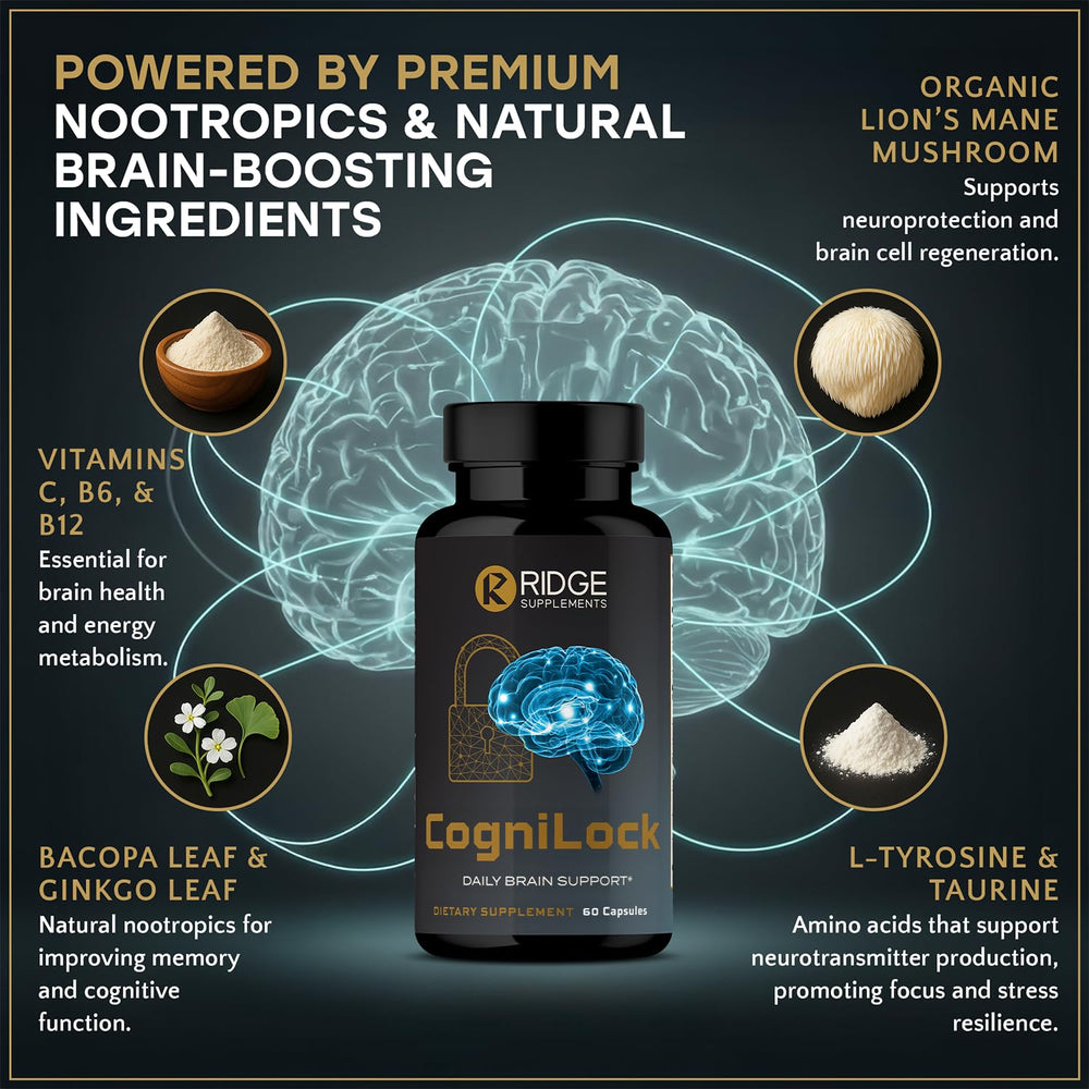 RIDGE SUPPLEMENTS CogniLock in-use desk setup for improved concentration.