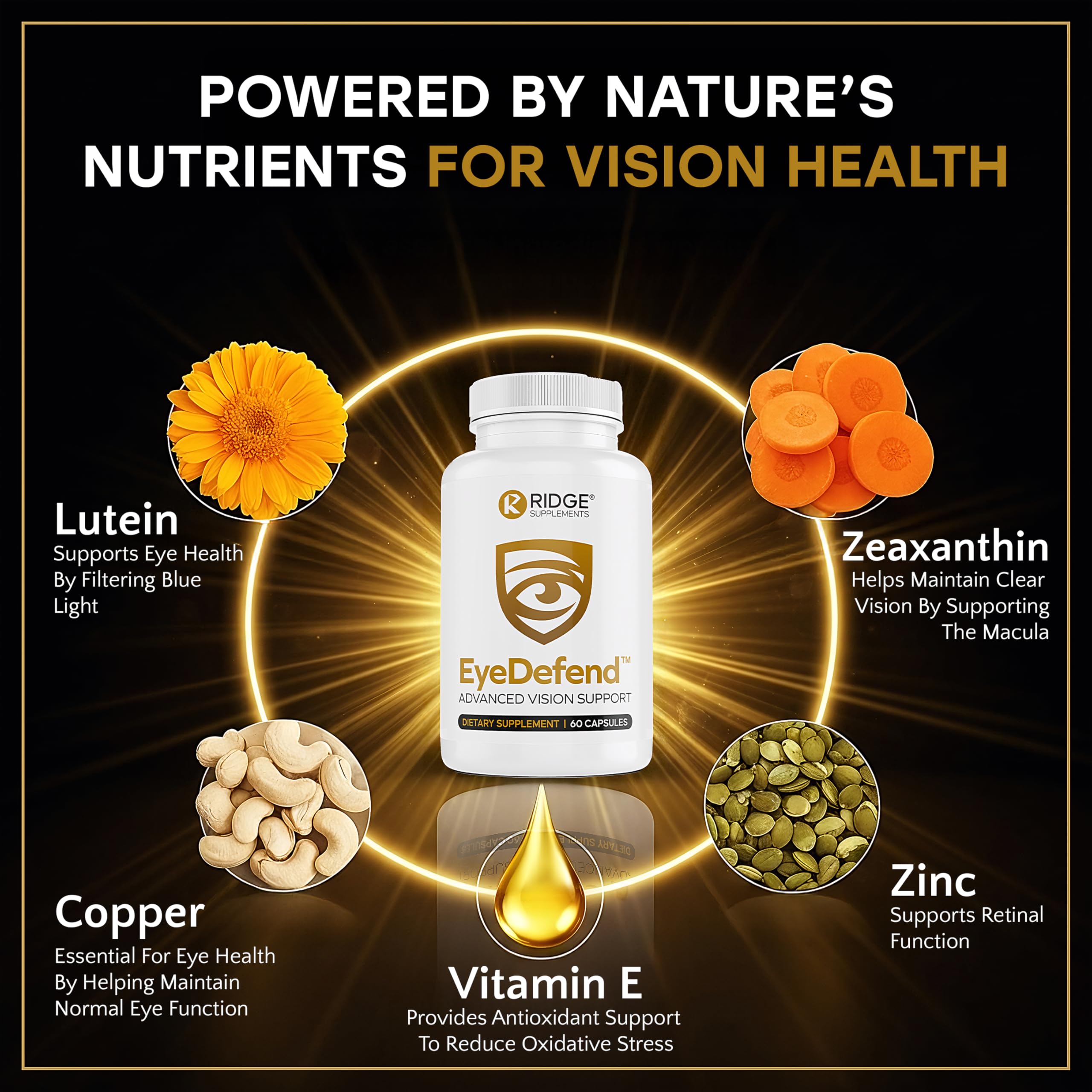 RIDGE EyeDefend bottle shows antioxidant protection for eye health.