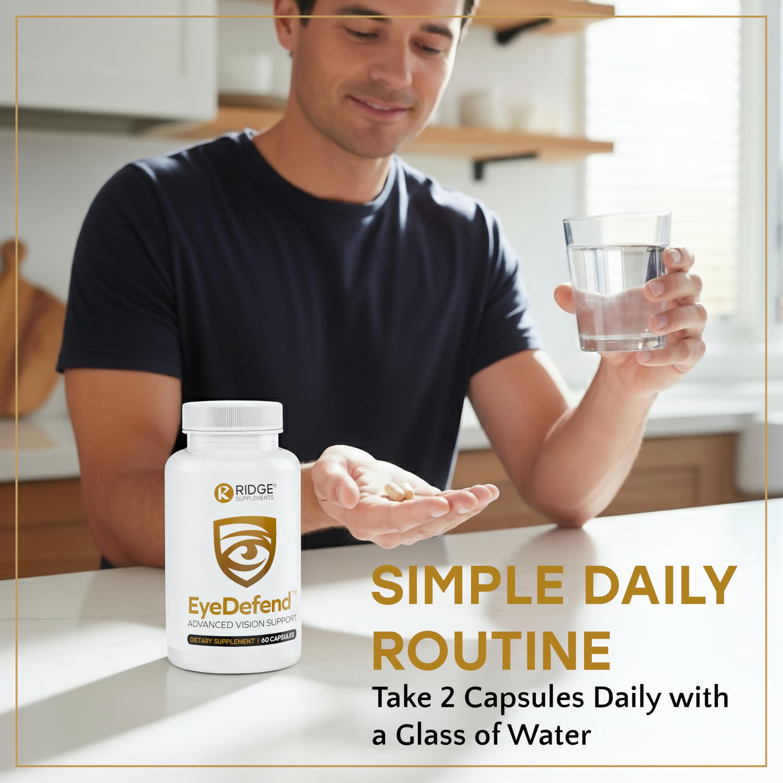 RIDGE EyeDefend bottle illustrates eyebright as part of daily wellness.