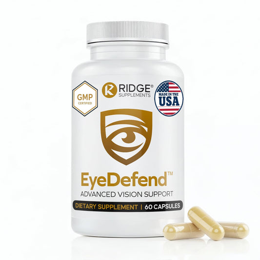 RIDGE EyeDefend bottle highlighting macular health and visual clarity.