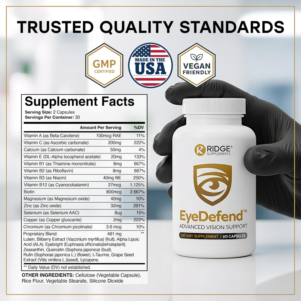 RIDGE EyeDefend bottle notes USA-made quality and purity.