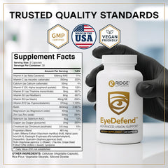 RIDGE EyeDefend bottle notes USA-made quality and purity.