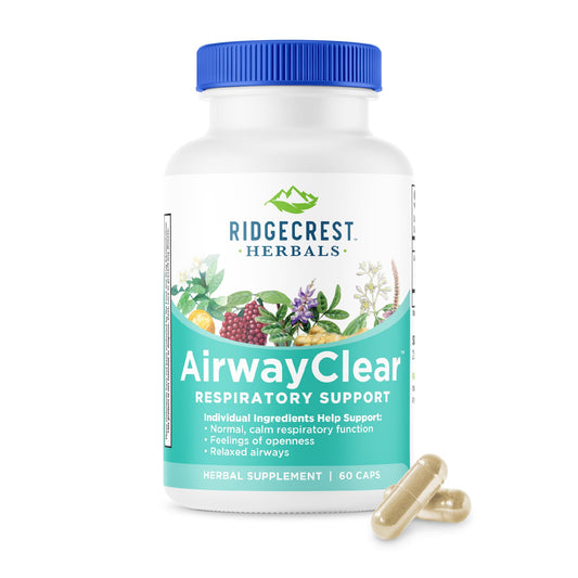 RidgeCrest AirwayClear bottle front showing natural lung-support formula for everyday breathing comfort.