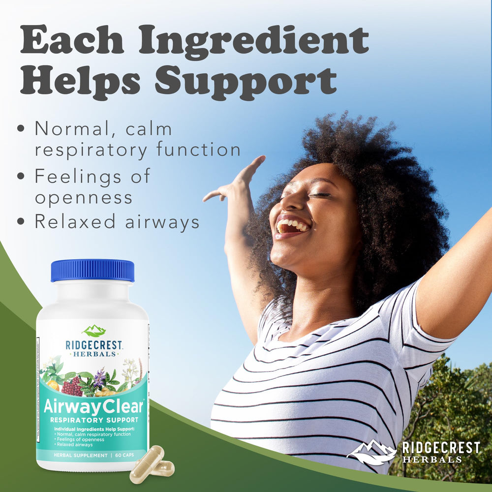 RidgeCrest AirwayClear bottle label highlighting herbal ingredients for seasonal respiratory support.