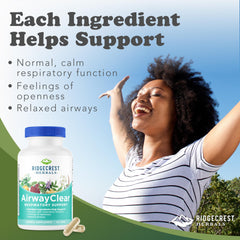 RidgeCrest AirwayClear bottle label highlighting herbal ingredients for seasonal respiratory support.