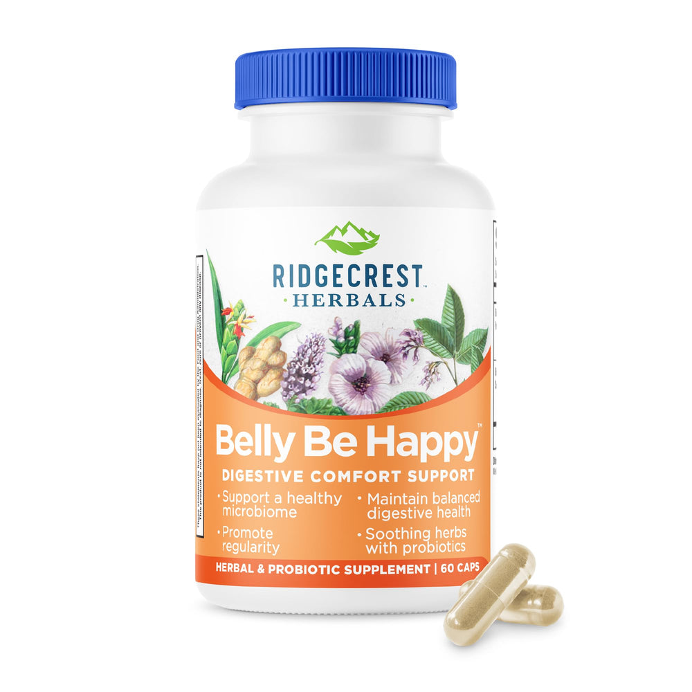 RidgeCrest Belly Be Happy bottle front promotes daily digestive support.