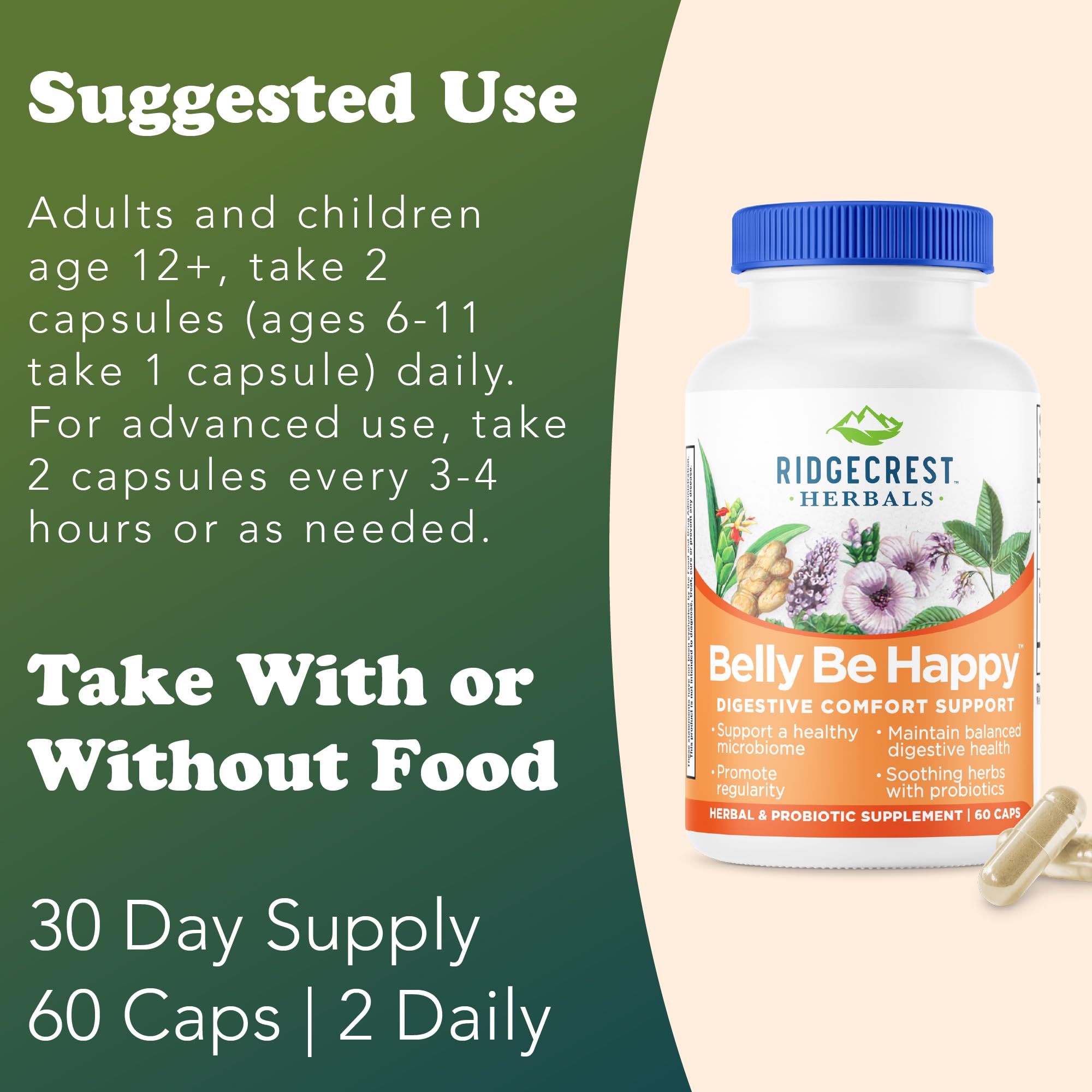 RidgeCrest Belly Be Happy features ginger, peppermint, slippery elm for soothing digestion.