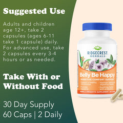 RidgeCrest Belly Be Happy features ginger, peppermint, slippery elm for soothing digestion.