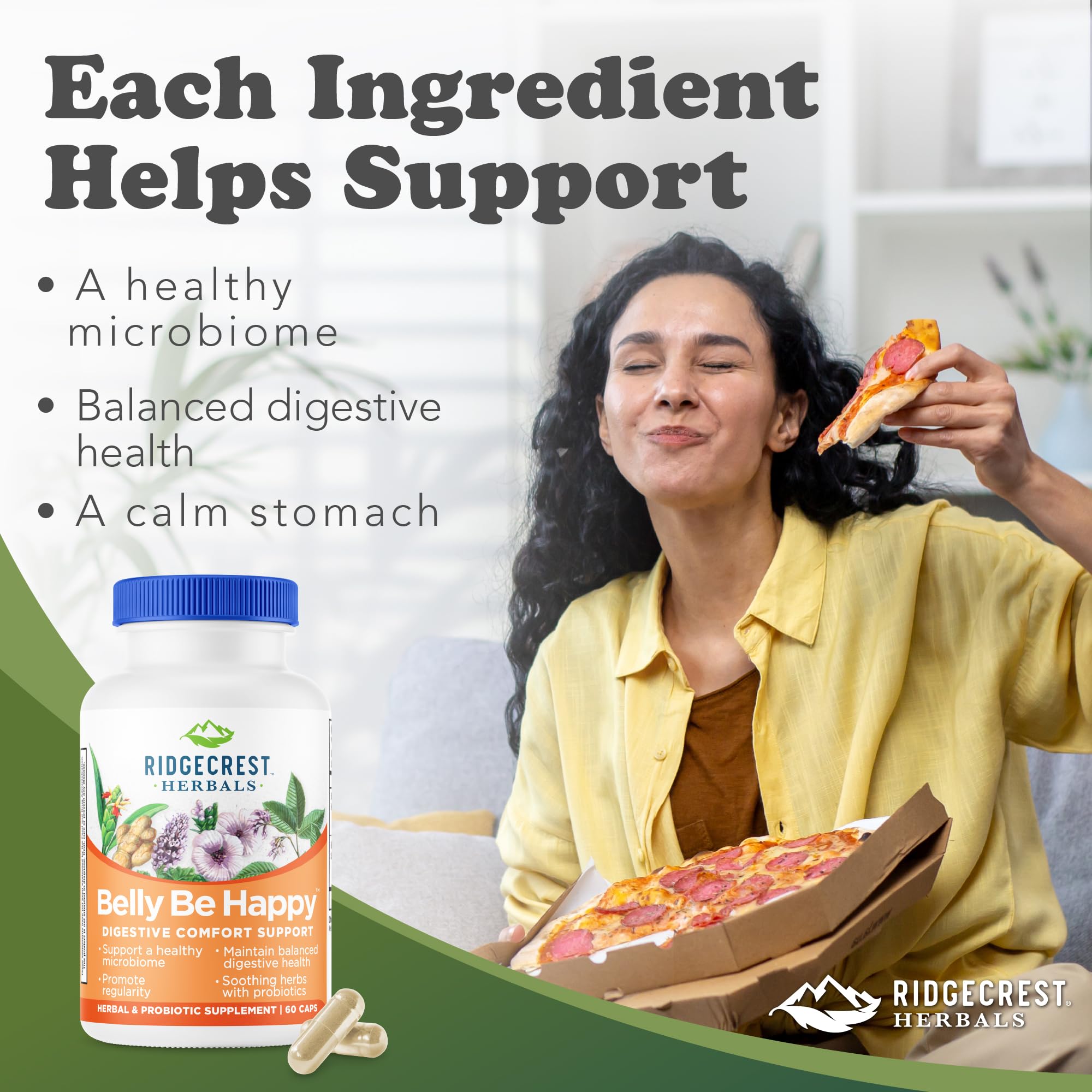 RidgeCrest Belly Be Happy label close-up shows ingredients and probiotic blend.